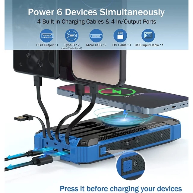 Solar power bank 2023 Built in Cables Wireless charging charge Multiple Devices at once Usb& Type c output PD20W Fast Charging compatible with larger devices High Capacity Battery - iSpark