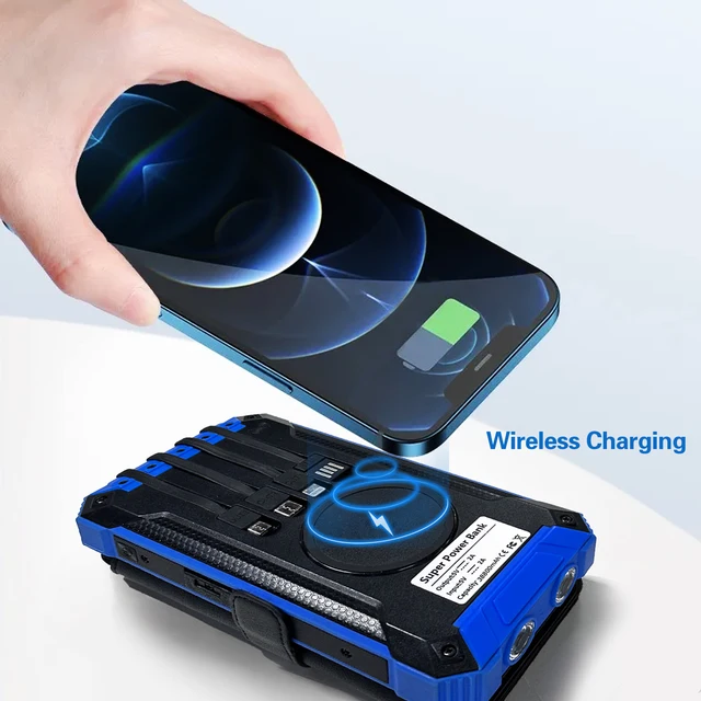 iSpark Solar Powerbank  PD20W with 3 External Foldable solar panels 20,000 MAH wireless Charging with 4 Built in Cables charge Multiple Devices at once charge with the sun safe electricity charge larger devices with this solar PowerBank fast - iSpark
