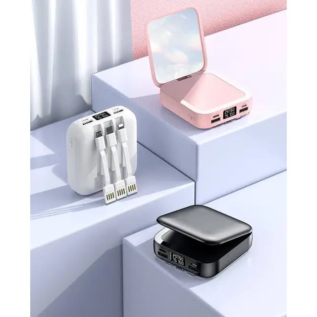 Stylish 20,000 Mah mirror power bank with 3 built in Removable cables, Multiple Inputs, Multiple outputs flip cosmetic Mirror,, Led Display no need to carry wires lightning cable, Type C & micro usb cables , - iSpark