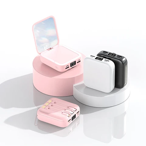 Stylish 20,000 Mah mirror power bank with 3 built in Removable cables, Multiple Inputs, Multiple outputs flip cosmetic Mirror,, Led Display no need to carry wires lightning cable, Type C & micro usb cables , - iSpark
