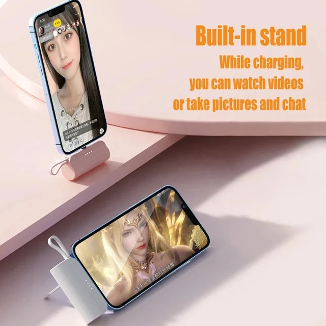 Lipstick Portable Power Bank charger PD20W fast charging with lighting Interface and Type C cable 5000MAH Fast Charging plug in & charge mini powerbank with stand to free you hands - iSpark