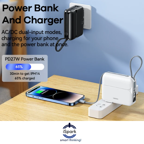 iSpark Remax RPP-553 PD27.5+22.5W two built in cables fast Charging powerbank, AC plug, Type C port 20000 mah compatible with smartphones, laptops, tablets , charge multiple devices on the move , with stand to hold phone or small devices - iSpark