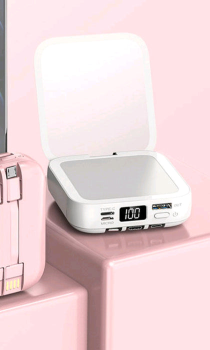 Stylish 20,000 Mah mirror PowerBank Power bank Charger with 3 built in Removable cables, Multiple Inputs, Multiple outputs flip cosmetic Mirror,, Led Display no need to carry wires lightning cable, Type C & micro usb cables , - iSpark