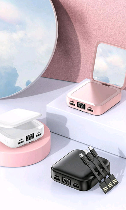 Stylish 20,000 Mah mirror PowerBank Power bank Charger with 3 built in Removable cables, Multiple Inputs, Multiple outputs flip cosmetic Mirror,, Led Display no need to carry wires lightning cable, Type C & micro usb cables , - iSpark