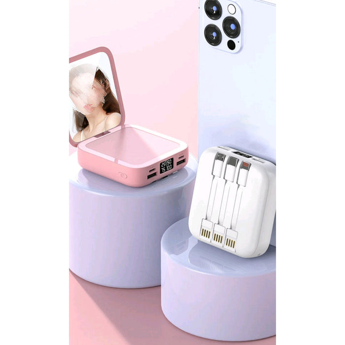 Stylish 20,000 Mah mirror PowerBank Power bank Charger with 3 built in Removable cables, Multiple Inputs, Multiple outputs flip cosmetic Mirror,, Led Display no need to carry wires lightning cable, Type C & micro usb cables , - iSpark