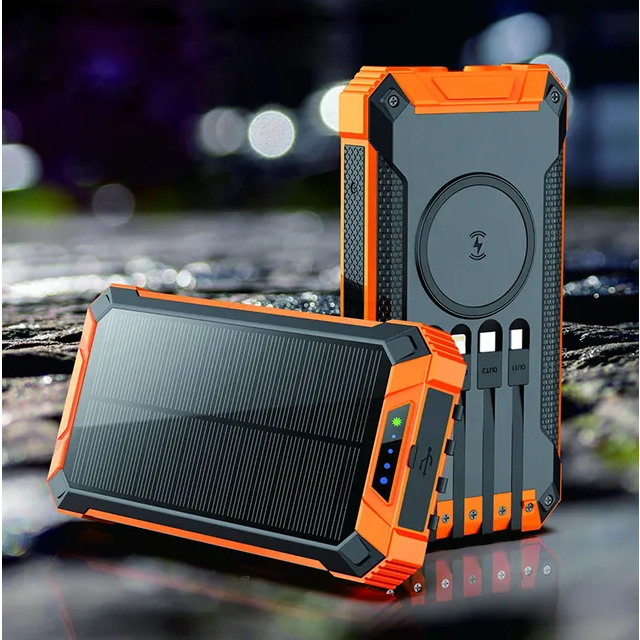 Solar power bank 2023 Built in Cables Wireless charging charge Multiple Devices at once Usb& Type c output PD20W Fast Charging compatible with larger devices High Capacity Battery - iSpark