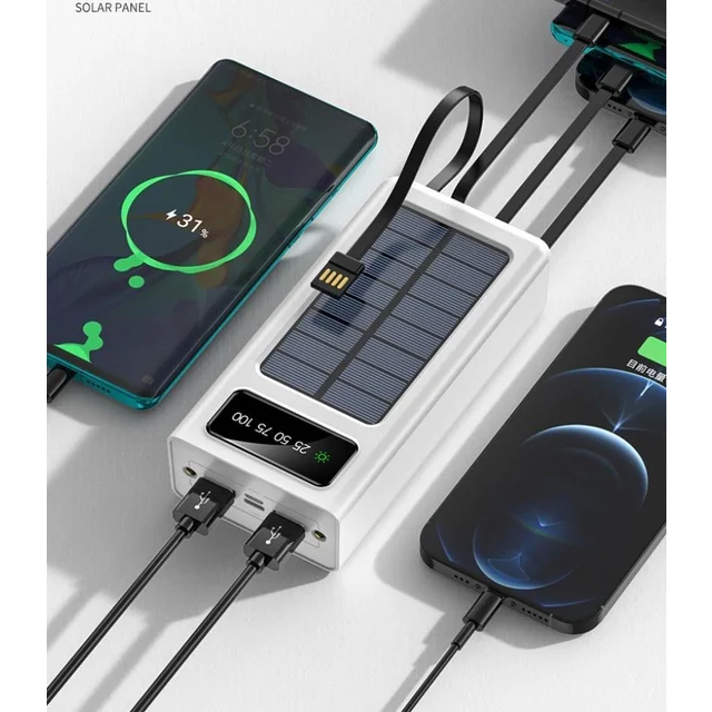 iSpark SEP-123 Mini Solar Powered Powerbank 10,000 MAH with solar panel & 4 Built in Cables, safe electricity , charge multiple devices for iPhone, Type C, Micro Usb, usb, safe Electricity - iSpark