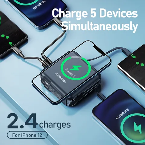 iSpark Remax  RPP-145 10W wireless portable powerbank adapter with AC Plug for recharge  QC 3-0 -PD 18W , 2 Built in cables lightning & Type Fast Charging charge multiple devices at once, with stand feature to hold phone & small devices for convenience - iSpark