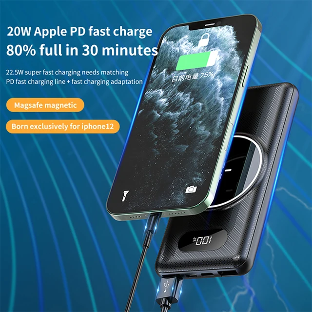 iSpark wireless magnetic PD20W fast charge QC 3.0 15w Fast wireless charging Portable Powerbank With Built In Cables, led display, Type c, lightning , Micro Usb cables charge multiple devices at once , small& lightweight easy to carry - iSpark