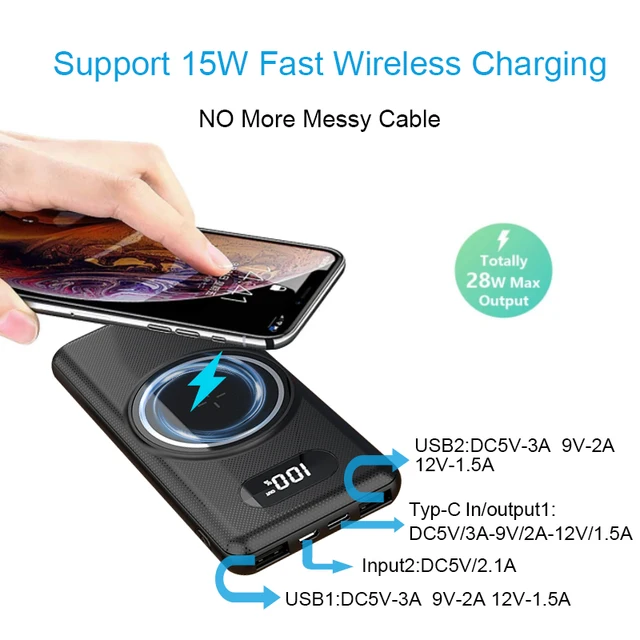 iSpark wireless magnetic PD20W fast charge QC 3.0 15w Fast wireless charging Portable Powerbank With Built In Cables, led display, Type c, lightning , Micro Usb cables charge multiple devices at once , small& lightweight easy to carry - iSpark