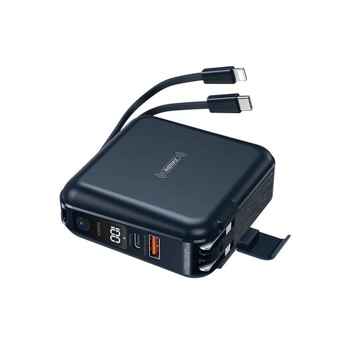 iSpark Remax RPP-145 10W wireless portable powerbank adapter with AC Plug for recharge QC 3-0 -PD 18W , 2 Built in cables lightning & Type Fast Charging charge multiple devices at once, with stand feature to hold phone & small devices for convenience - iSpark