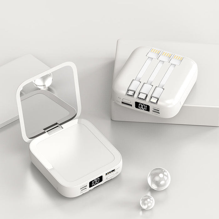 I Spark Stylish Mirror Power bank White with 3 Built in Removable Cables For iPhone, Type C and Micro Usb , flip cosmetic Mirror, led display display never run out of charge, charge on the go - iSpark