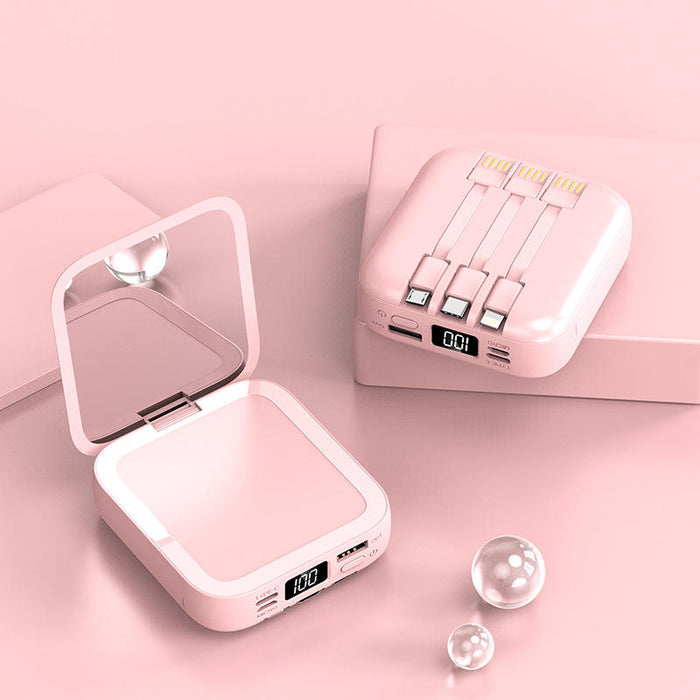 Stylish 20,000 Mah mirror power bank with 3 built in Removable cables, Multiple Inputs, Multiple outputs flip cosmetic Mirror,, Led Display no need to carry wires lightning cable, Type C & micro usb cables , - iSpark