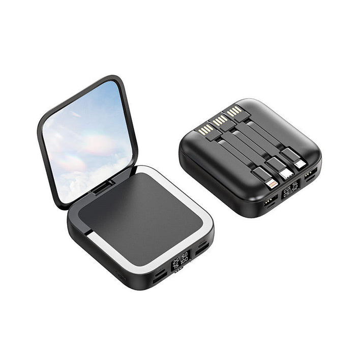 Stylish 20,000 Mah mirror power bank with 3 built in Removable cables, Multiple Inputs, Multiple outputs flip cosmetic Mirror,, Led Display no need to carry wires lightning cable, Type C & micro usb cables , - iSpark