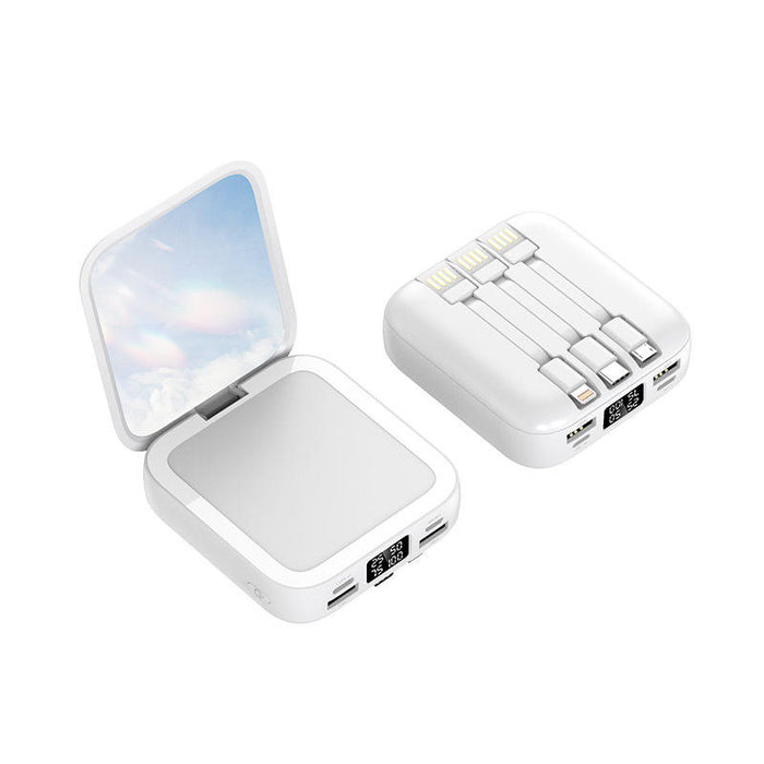 Stylish 20,000 Mah mirror power bank with 3 built in Removable cables, Multiple Inputs, Multiple outputs flip cosmetic Mirror,, Led Display no need to carry wires lightning cable, Type C & micro usb cables , - iSpark