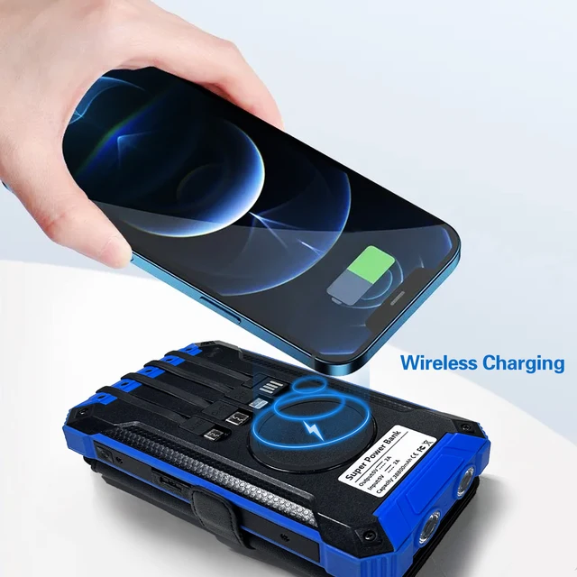 iSpark Solar Powerbank  PD20W with 3 External Foldable solar panels 20,000 MAH wireless Charging with 4 Built in Cables charge Multiple Devices at once charge with the sun safe electricity charge larger devices with this solar PowerBank fast - iSpark 
