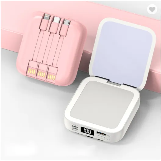 I Spark Stylish Mirror Power bank White with 3 Built in Removable Cables For iPhone, Type C and Micro Usb , flip cosmetic Mirror, led display display never run out of charge, charge on the go - iSpark 