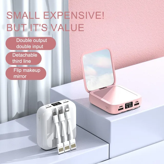 I Spark Stylish Mirror Power bank White with 3 Built in Removable Cables For iPhone, Type C and Micro Usb , flip cosmetic Mirror, led display display never run out of charge, charge on the go - iSpark 