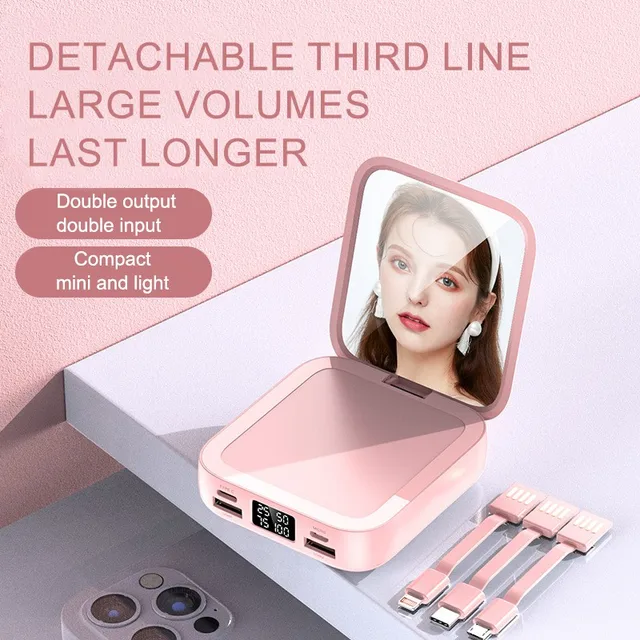 Stylish 20,000 Mah mirror power bank with 3 built in Removable cables, Multiple Inputs, Multiple outputs flip cosmetic Mirror,, Led Display no need to carry wires lightning cable, Type C & micro usb cables , - iSpark 