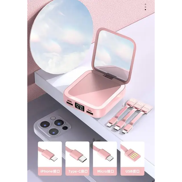 Stylish 20,000 Mah mirror power bank with 3 built in Removable cables, Multiple Inputs, Multiple outputs flip cosmetic Mirror,, Led Display no need to carry wires lightning cable, Type C & micro usb cables , - iSpark 