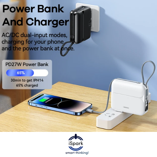 iSpark Remax RPP-553 PD27.5+22.5W two built in cables fast Charging powerbank, AC plug, Type C port 20000 mah compatible with smartphones, laptops, tablets , charge multiple devices on the move , with stand to hold phone or small devices - iSpark 