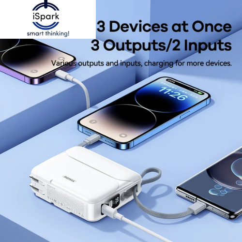 iSpark Remax RPP-553 PD27.5+22.5W two built in cables fast Charging powerbank, AC plug, Type C port 20000 mah compatible with smartphones, laptops, tablets , charge multiple devices on the move , with stand to hold phone or small devices - iSpark 