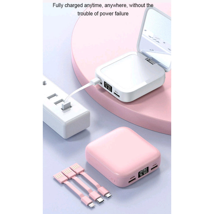 Stylish 20,000 Mah mirror PowerBank Power bank Charger with 3 built in Removable cables, Multiple Inputs, Multiple outputs flip cosmetic Mirror,, Led Display no need to carry wires lightning cable, Type C & micro usb cables , - iSpark 
