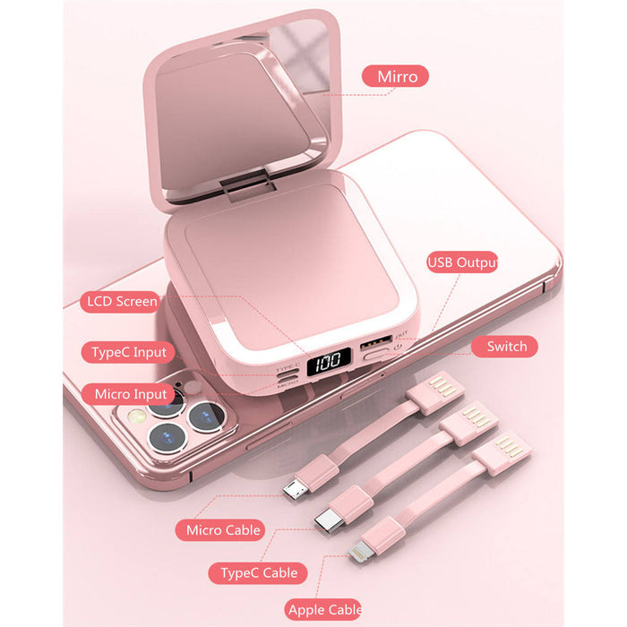 Stylish 20,000 Mah mirror power bank with 3 built in Removable cables, Multiple Inputs, Multiple outputs flip cosmetic Mirror,, Led Display no need to carry wires lightning cable, Type C & micro usb cables , - iSpark 