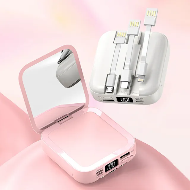 I Spark Stylish Mirror Power bank White with 3 Built in Removable Cables For iPhone, Type C and Micro Usb , flip cosmetic Mirror, led display display never run out of charge, charge on the go - iSpark 