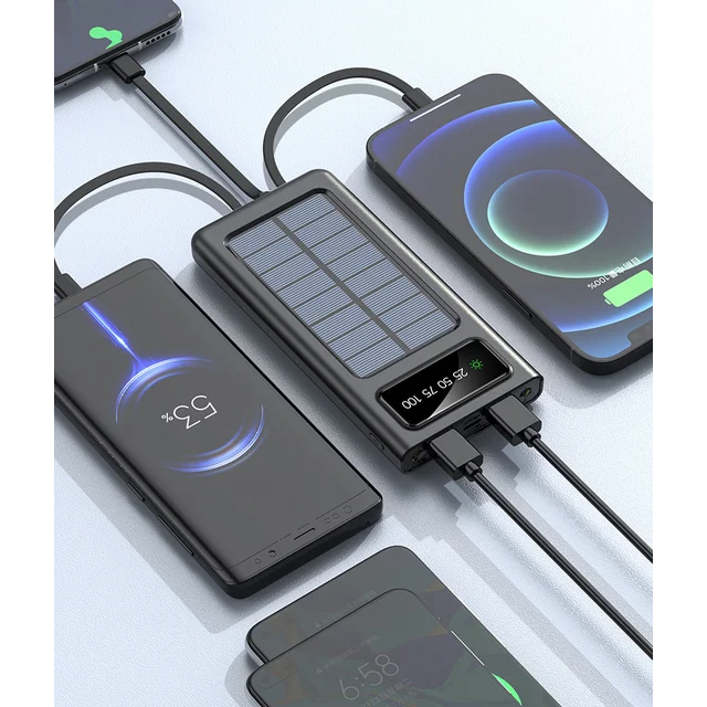 iSpark SEP-123 Mini Solar Powered Powerbank 10,000 MAH with solar panel & 4 Built in Cables, safe electricity , charge multiple devices for iPhone, Type C, Micro Usb, usb, safe Electricity - iSpark 