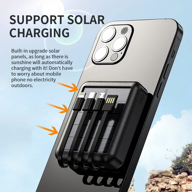 Small wireless Solar Powered powerbank 10,000 MAH Battery with Built in cables, easy to carry and store, light & small charge with the sun charge on go, no need to carry wires ,usb input & solar panel input safe electricity - iSpark 